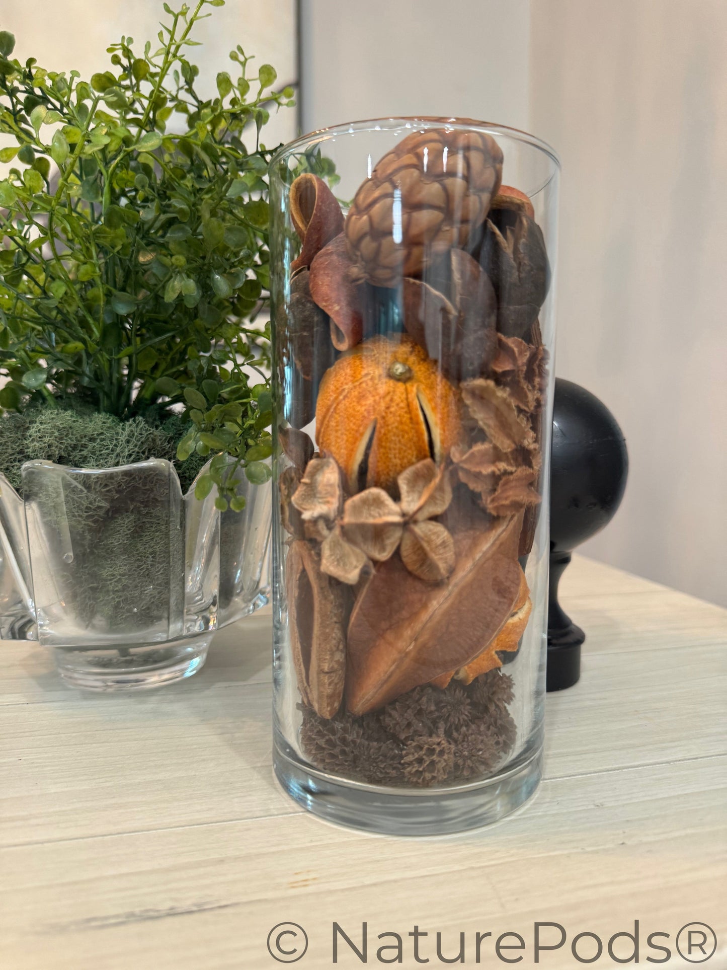Glass vase with dried flowers and an orange on a wooden surface with a plant in the background