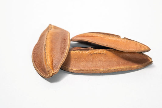 Three triangle pods laying horizontal showing the dark brown top of the pod and the light brown bottom of the seed pod on a white background.