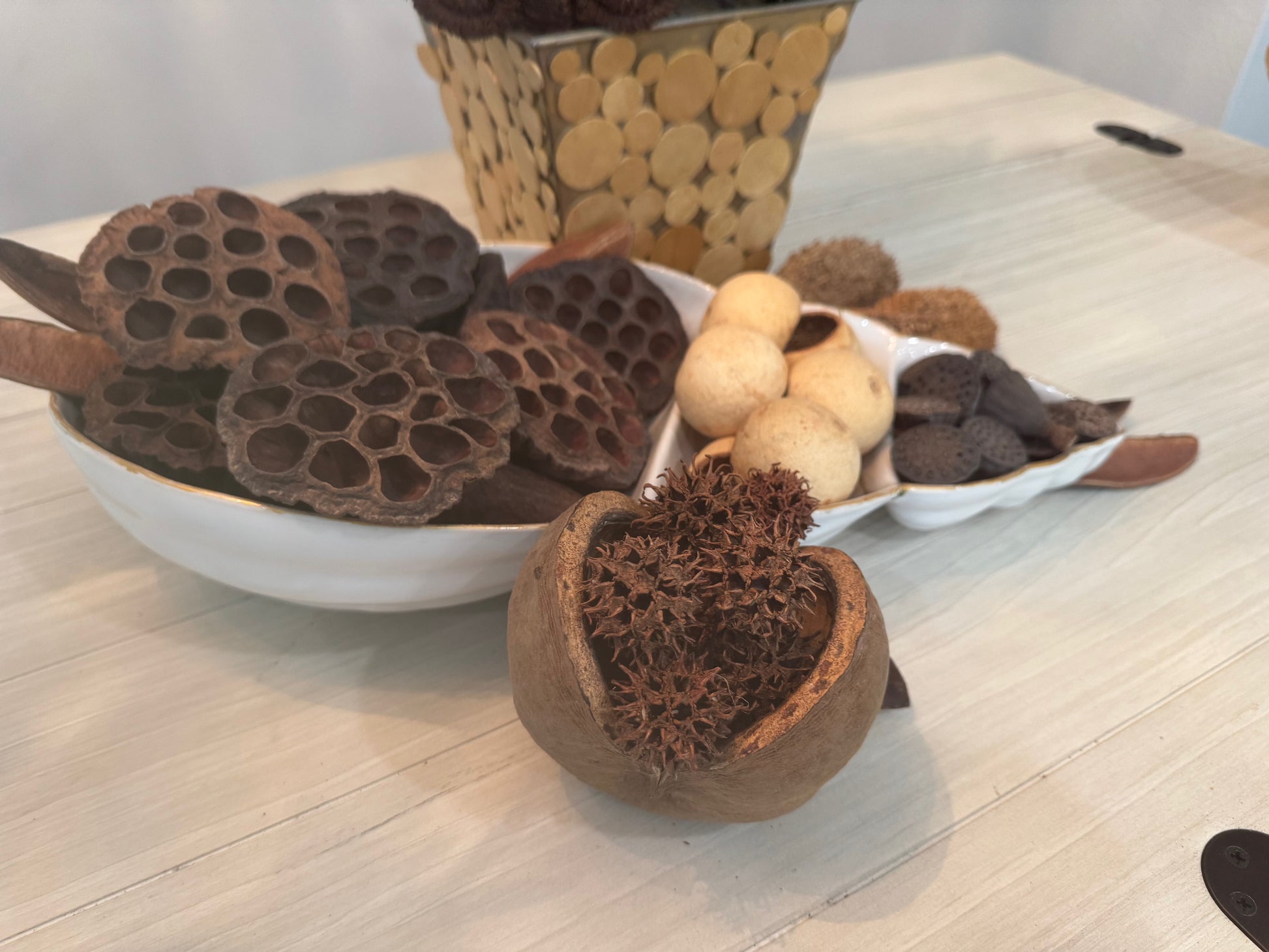 Dried lotus seed pods in a white bowl on a wooden surface