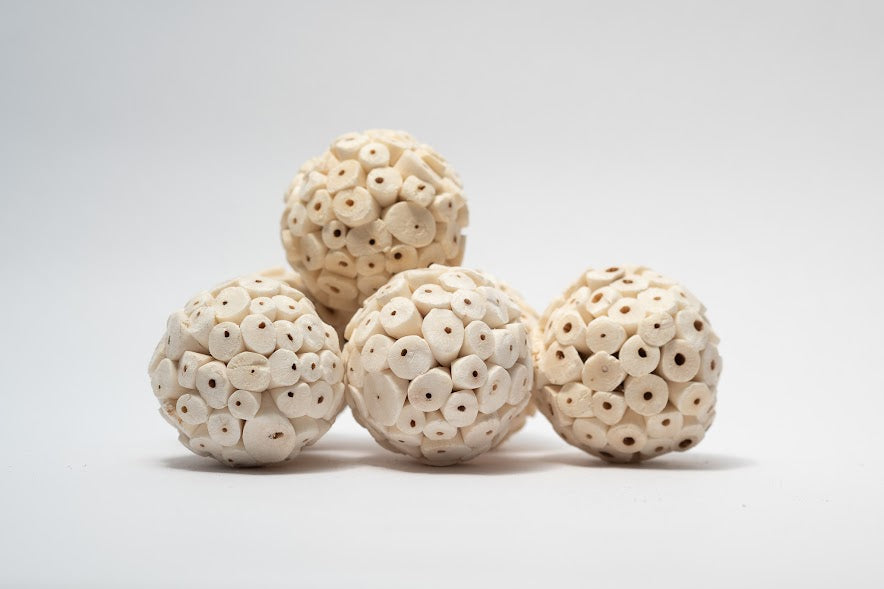 A photo of a pile of Sola Atta Balls. They are white textured round balls on a white background.