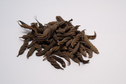 A photo of a pile of Twisty Pods. They are brown textured seed pods on a white background.