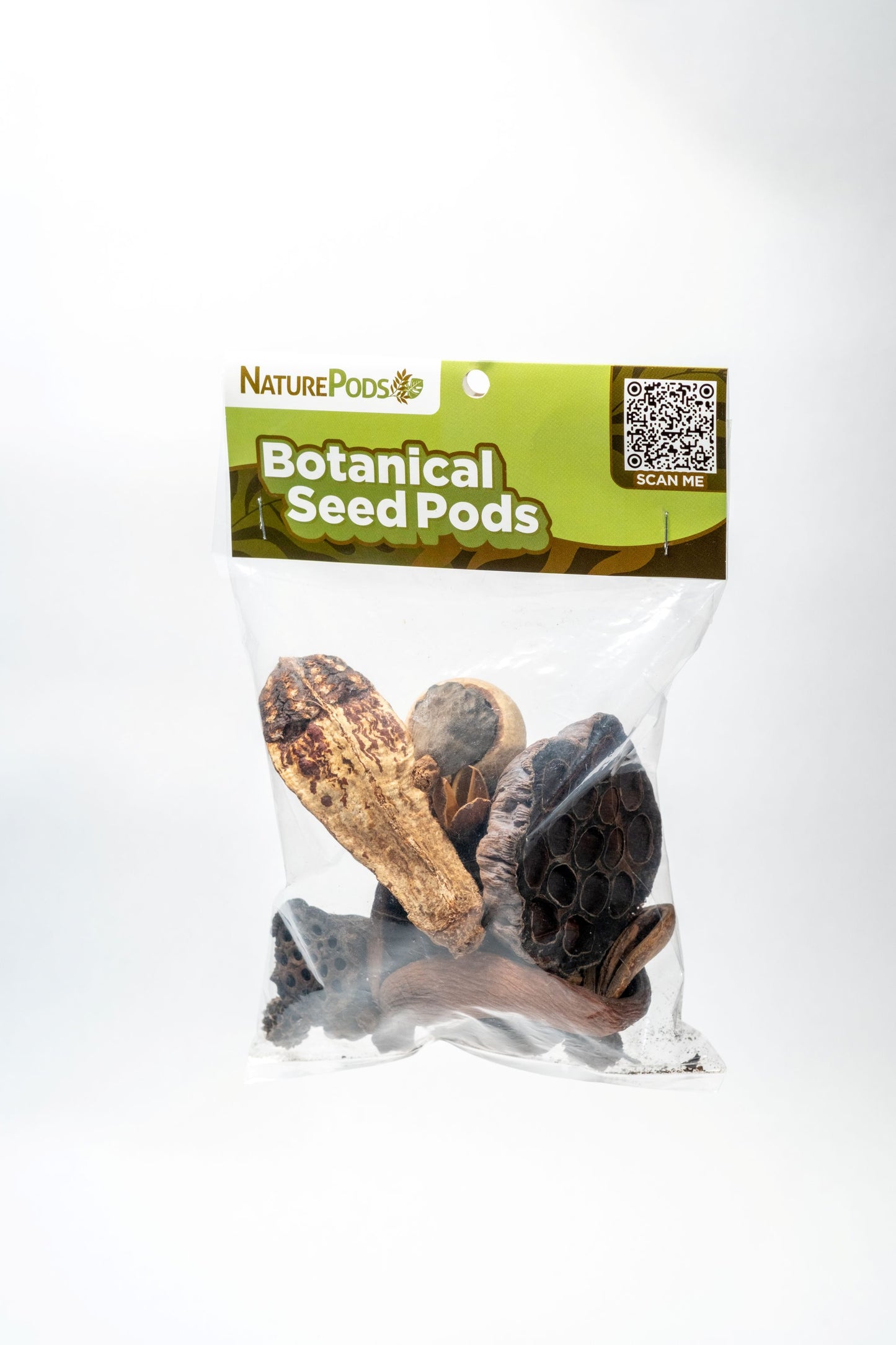 Packaged botanical seed pods with a visible brand label on a white background